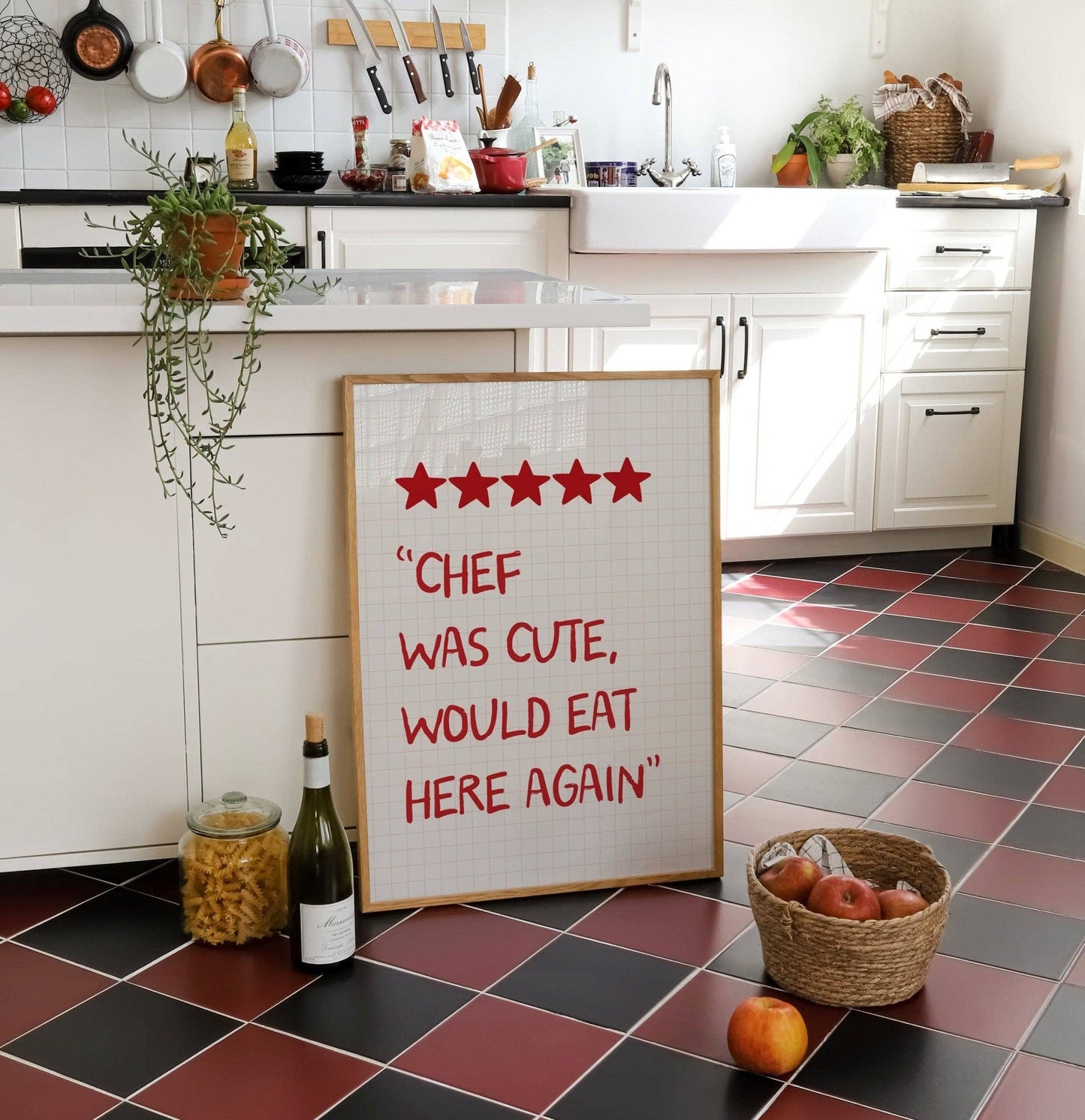 Chef Was Cute Kitchen Print: Cream and Red / A3