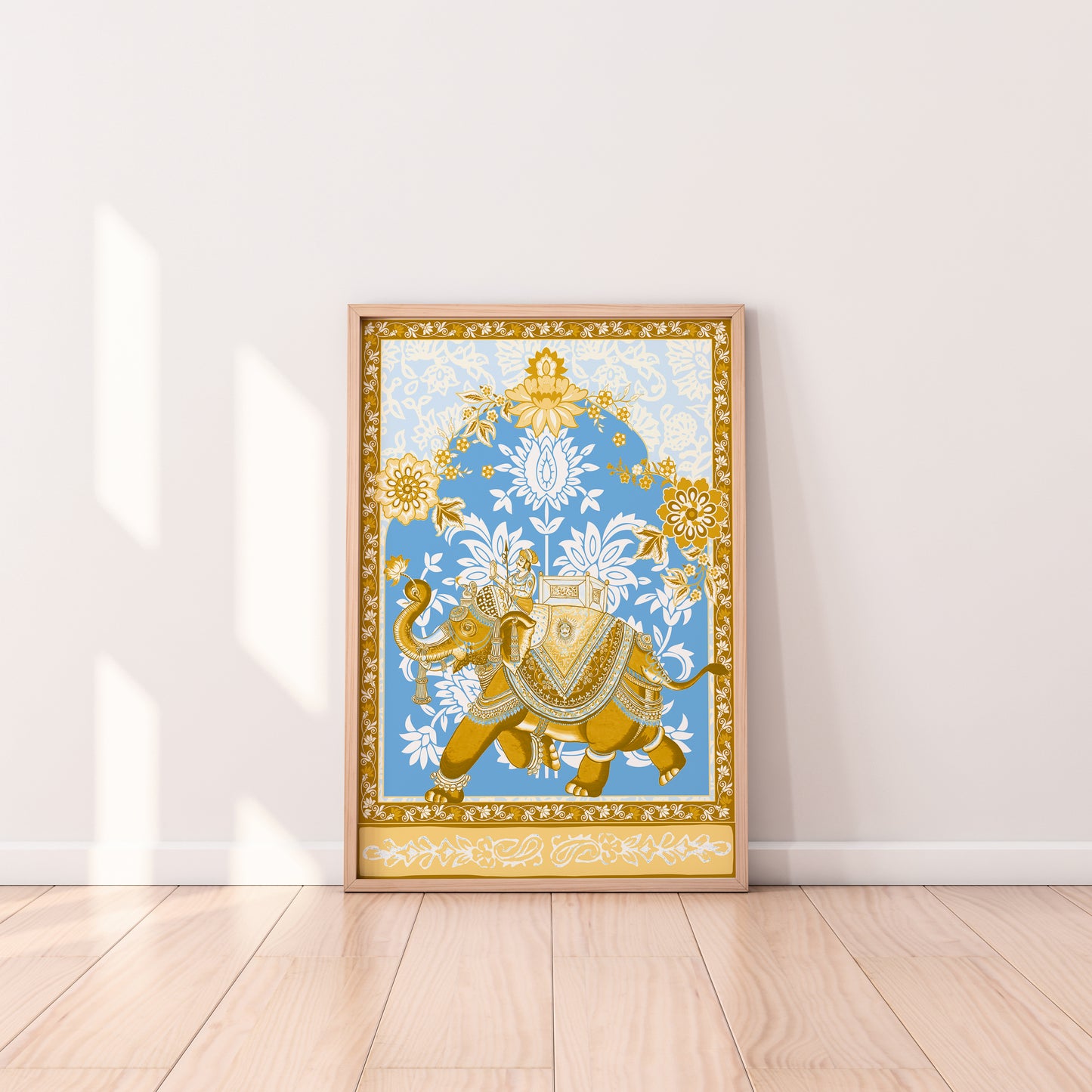 Marching Indian Elephant – Art Print | Traditional Block Print Style with Digital Layering