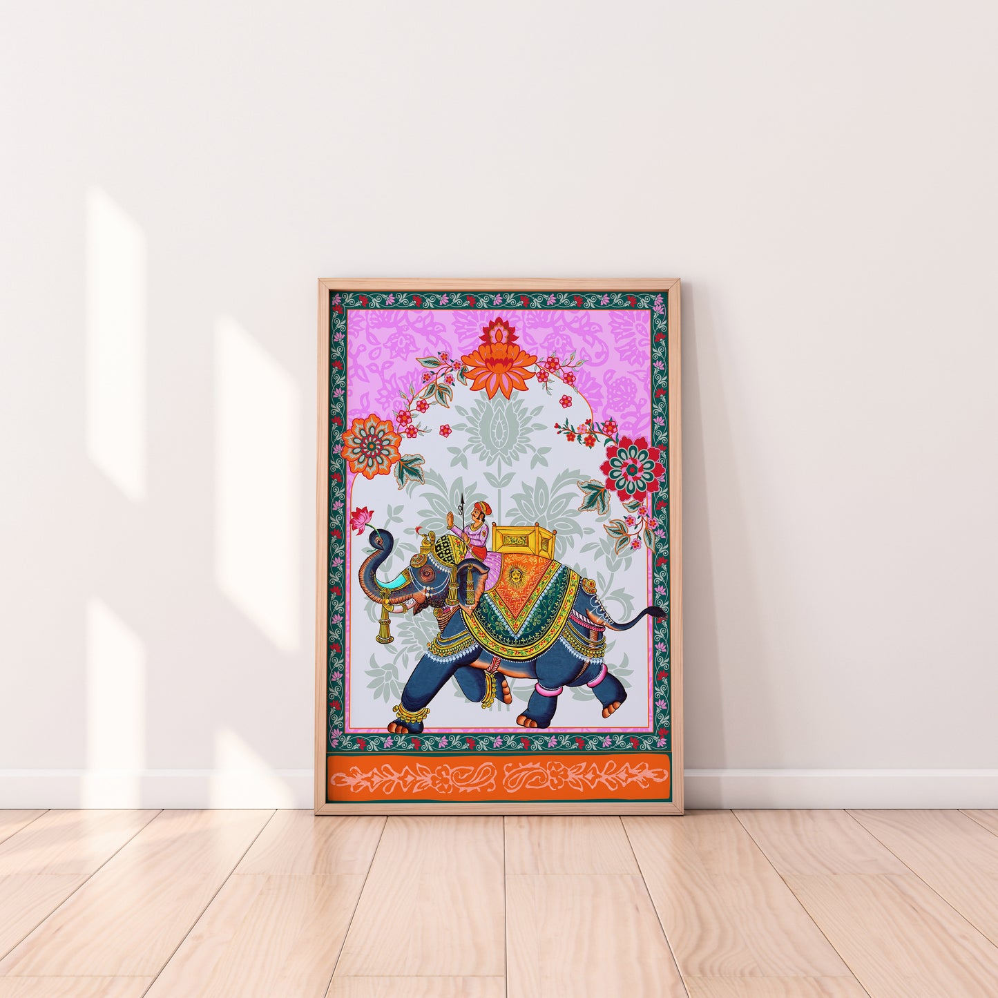 Marching Indian Elephant – Art Print | Traditional Block Print Style with Digital Layering