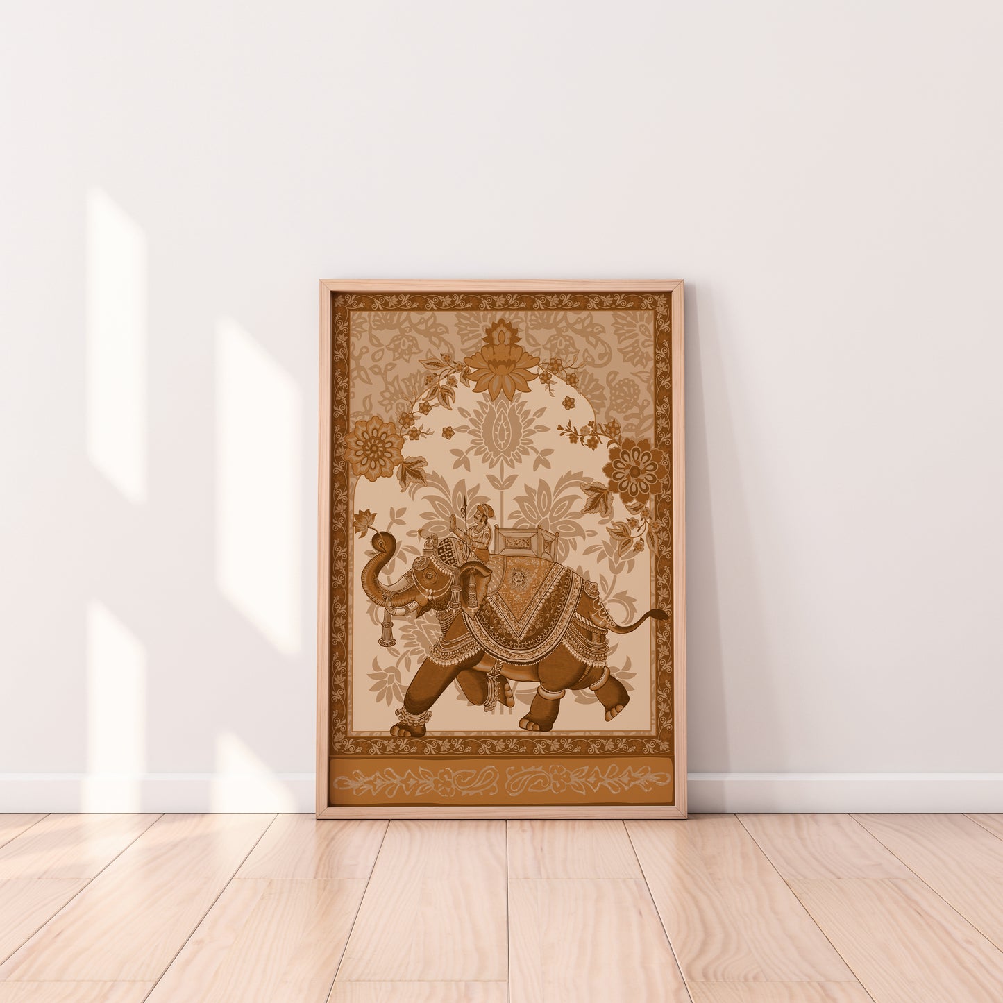 Marching Indian Elephant – Art Print | Traditional Block Print Style with Digital Layering