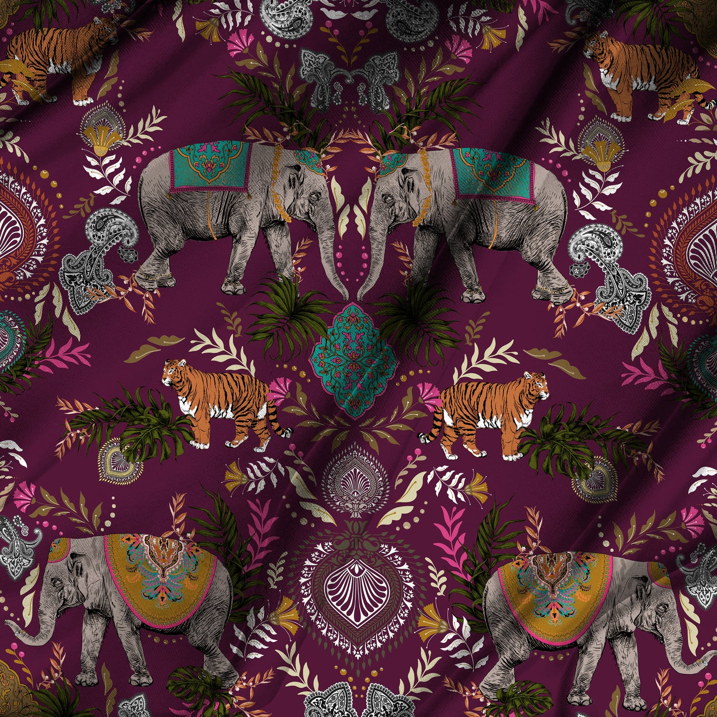 Indian Elephant Mirror Print Fabric by the Metre