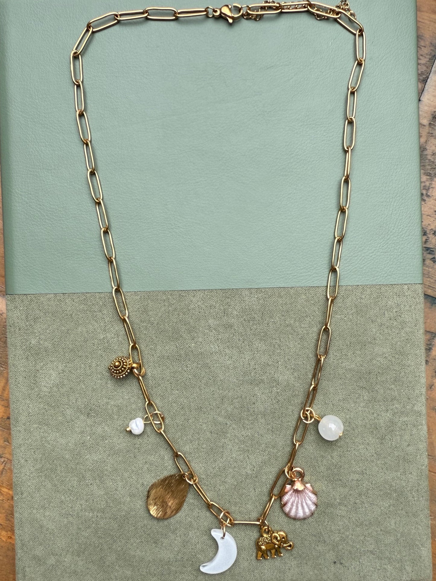 Gold chain necklace with charms on a green background