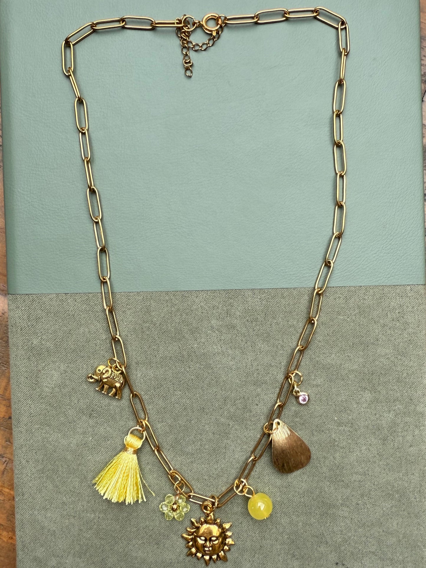 Gold necklace with charms on a green surface