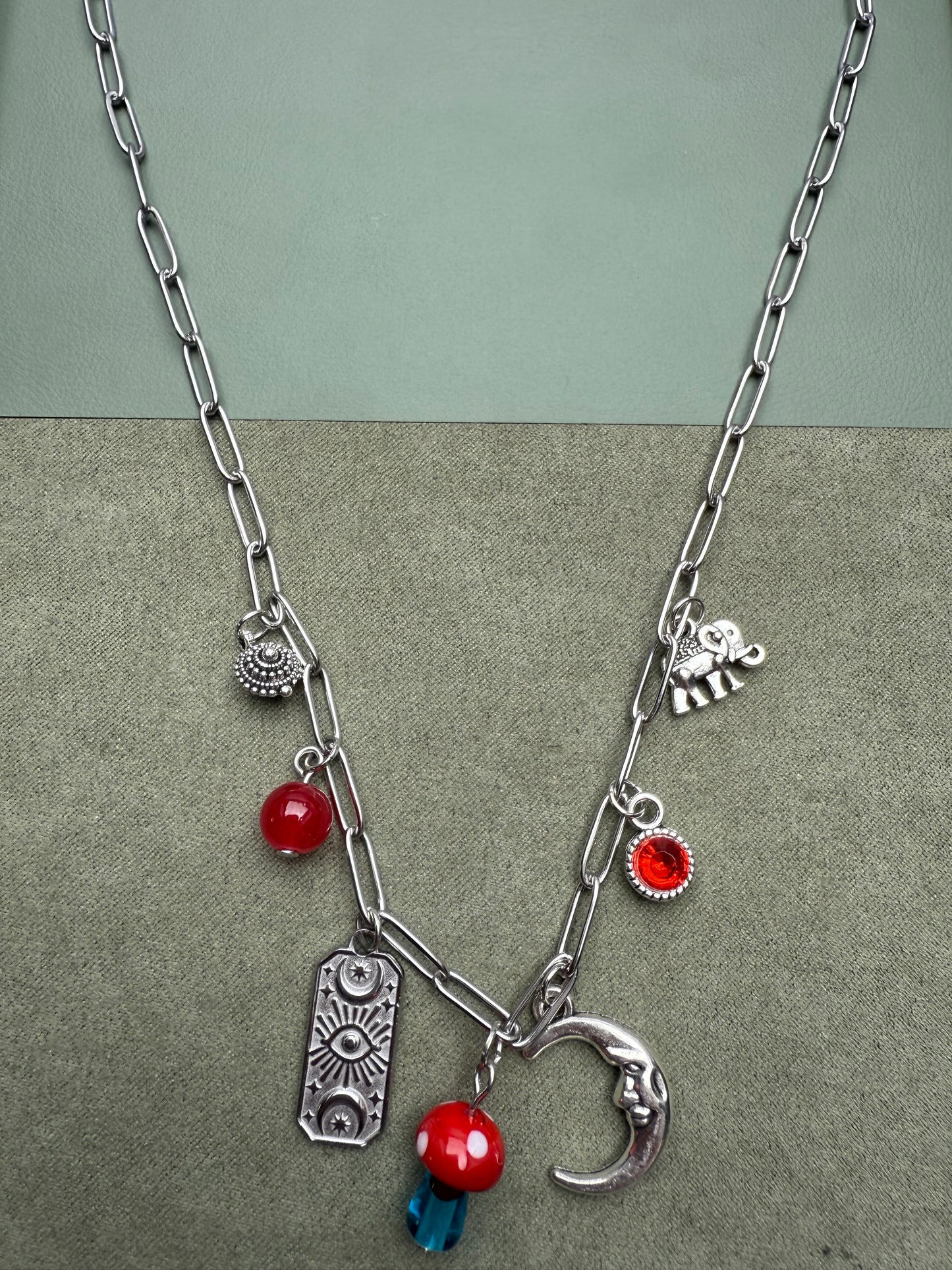 Silver Tone Charm Necklace Red