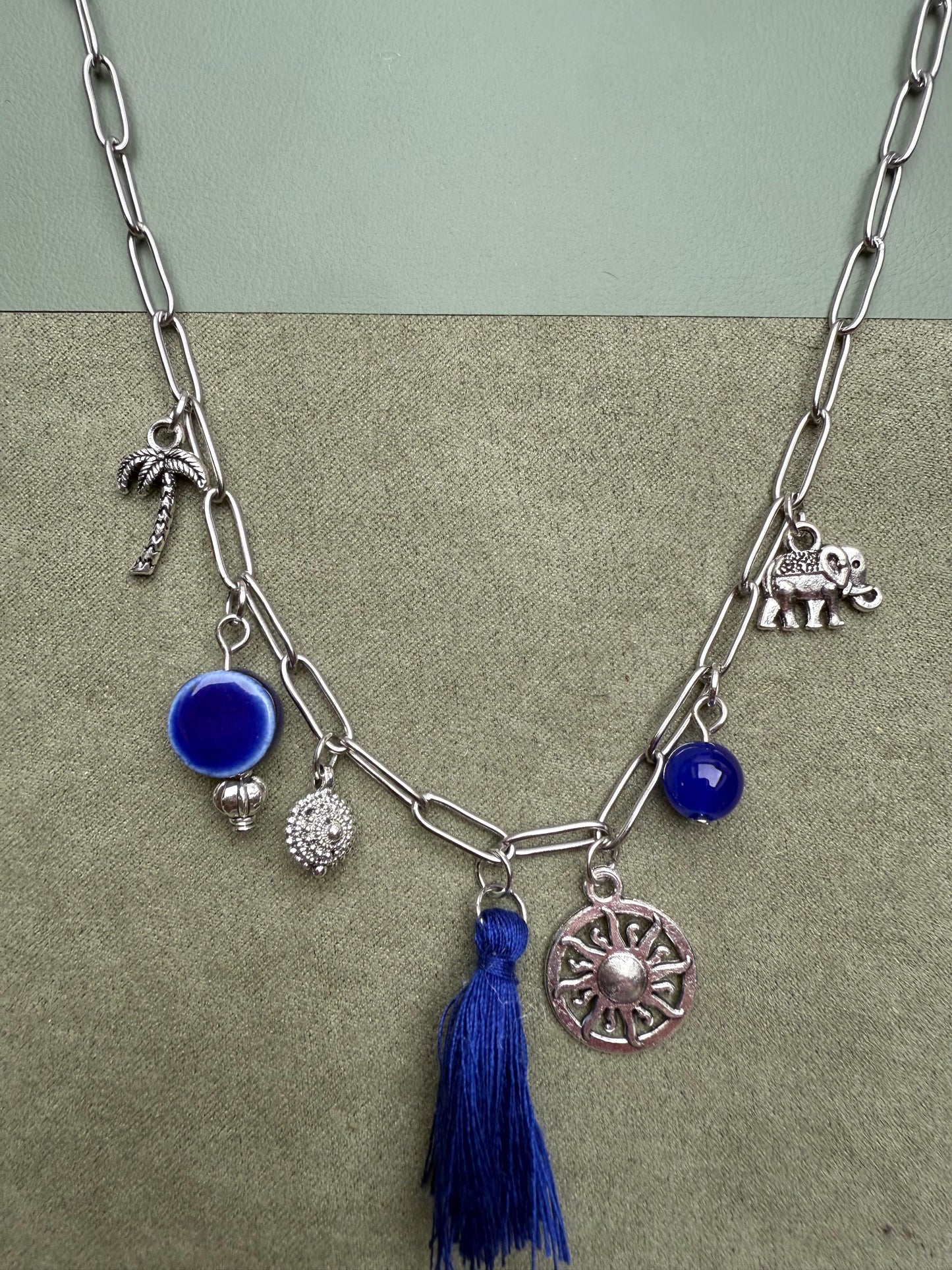 Silver Tone Charm Necklace Royal Blue