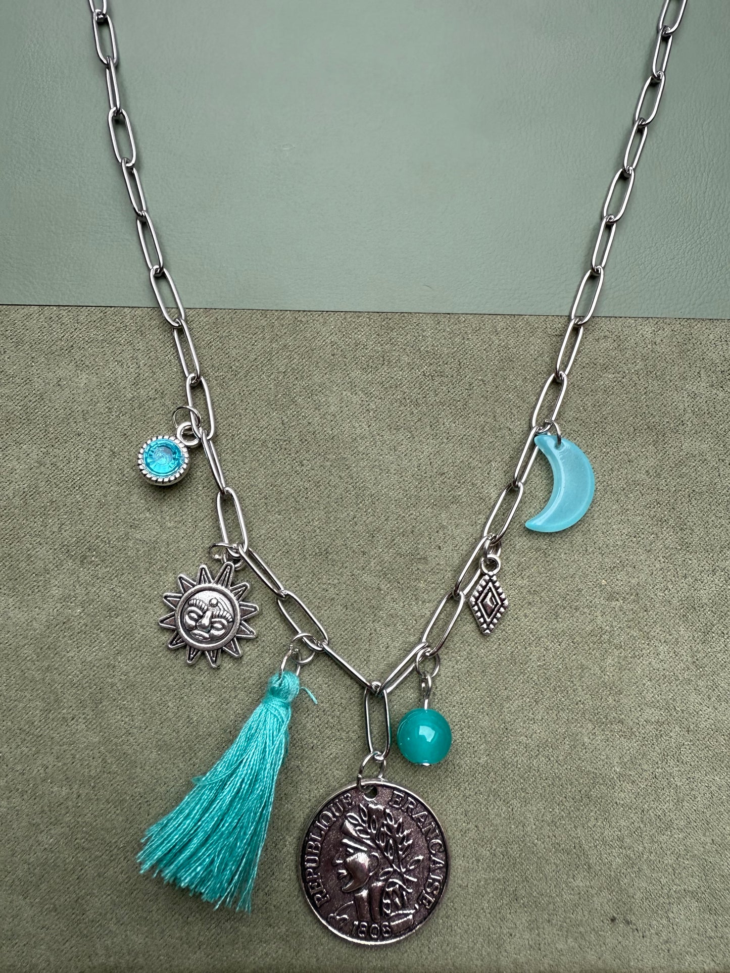 Silver Tone Charm Necklace Turquoise