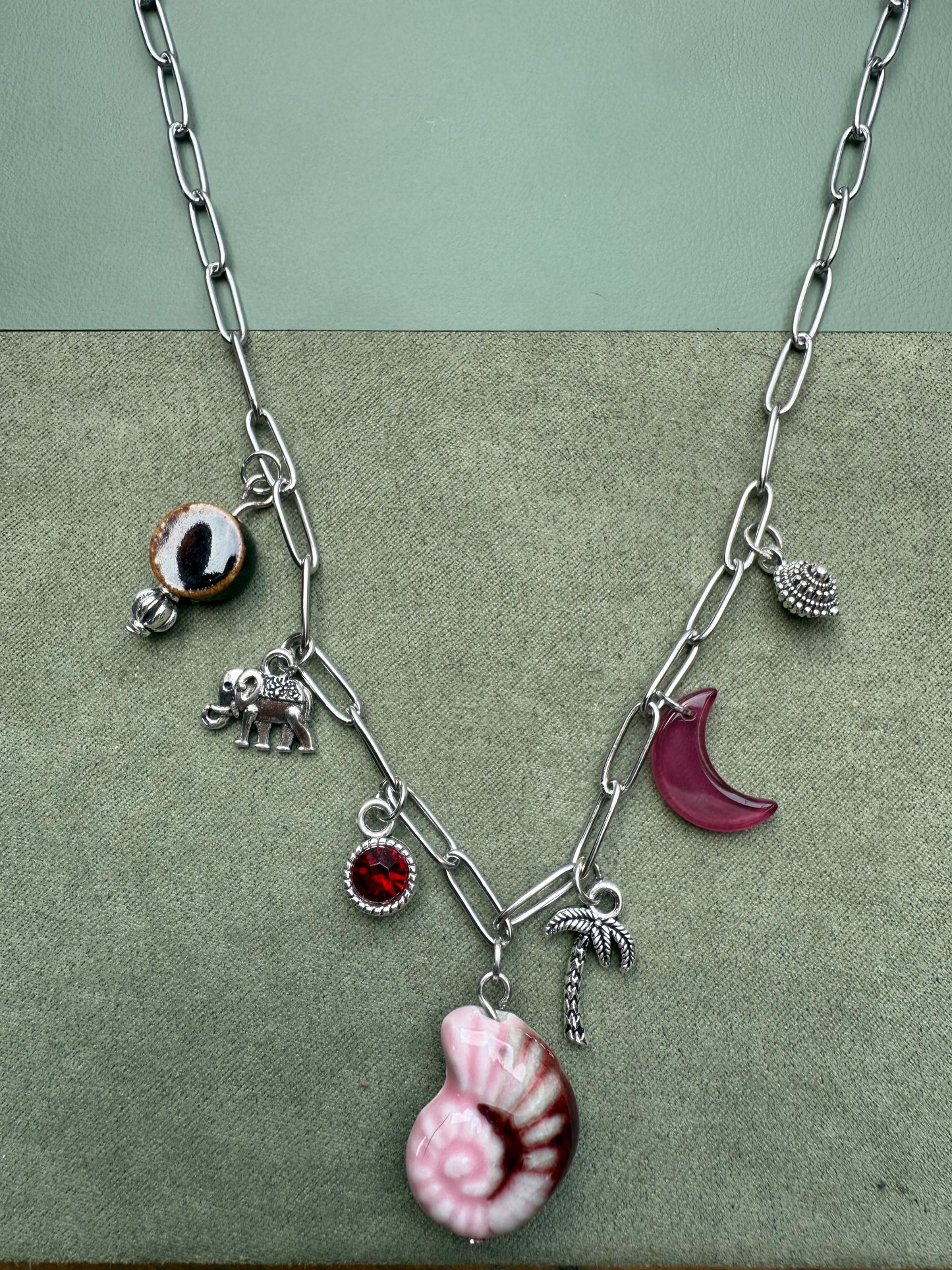 Silver Tone Charm Necklace Earthy Red