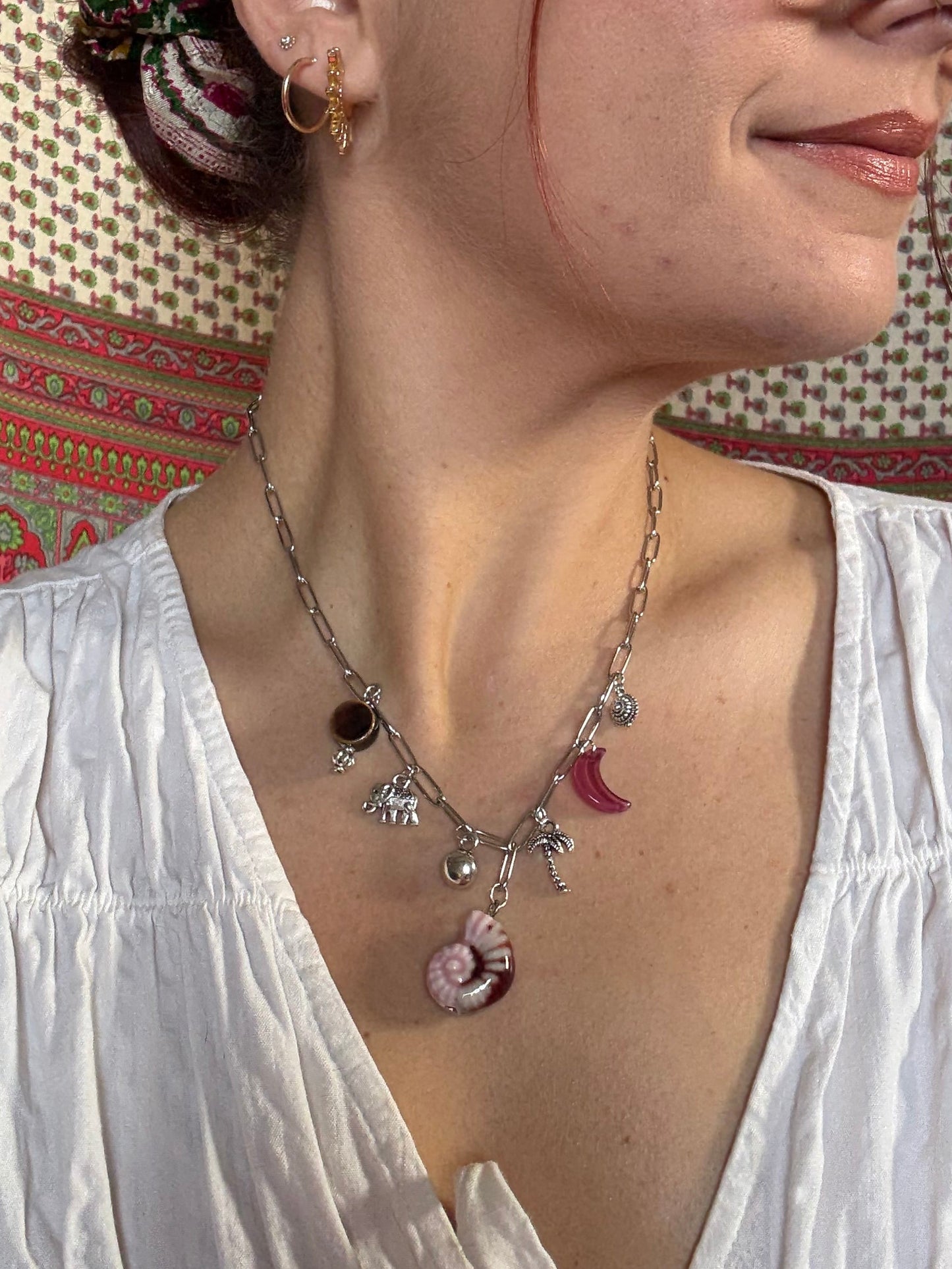 Silver Tone Charm Necklace Earthy Red