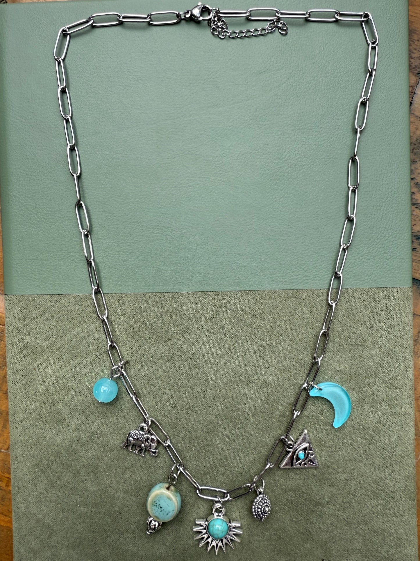 Silver Tone Charm Necklace Turquoise