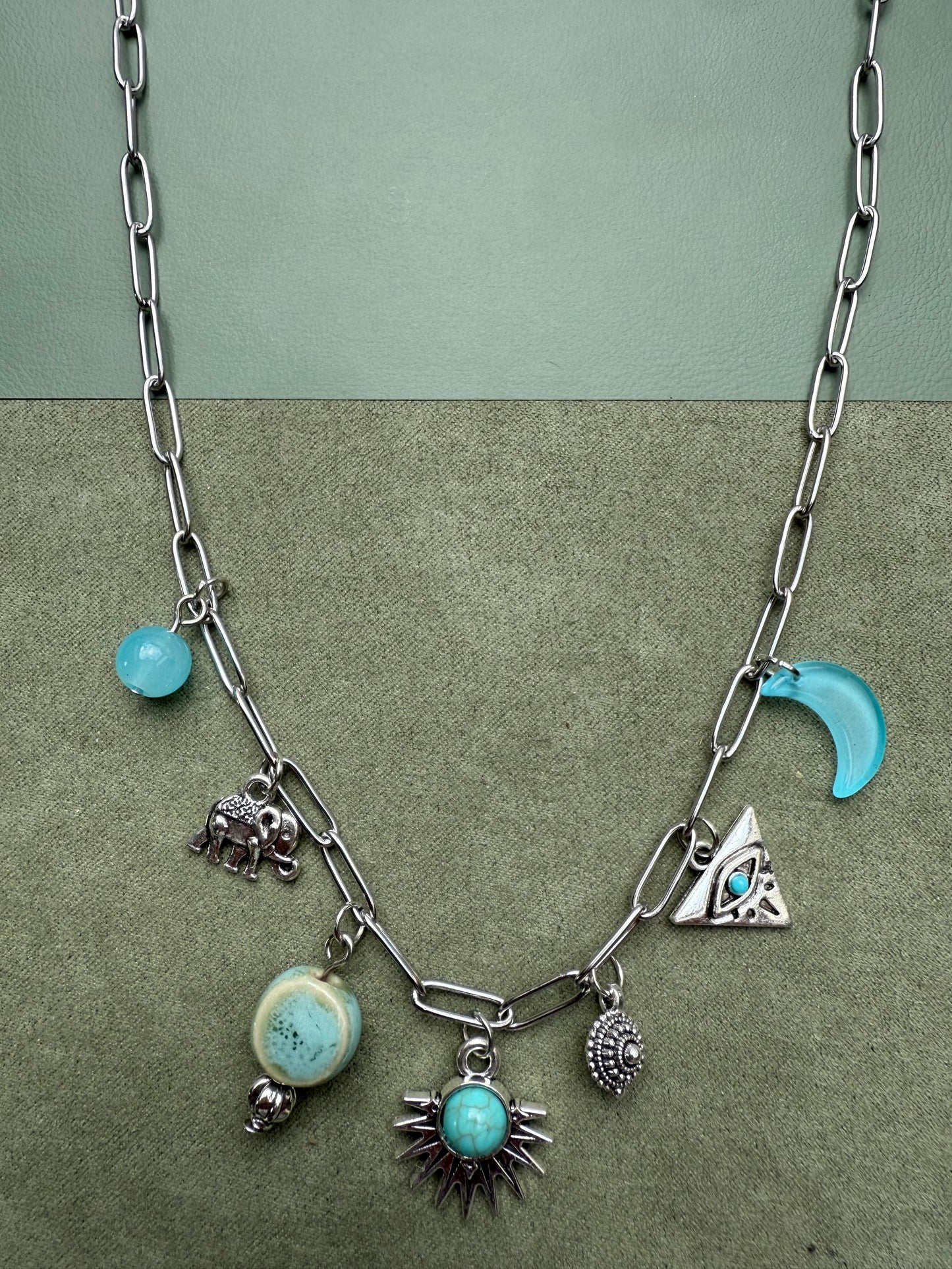 Silver Tone Charm Necklace Turquoise