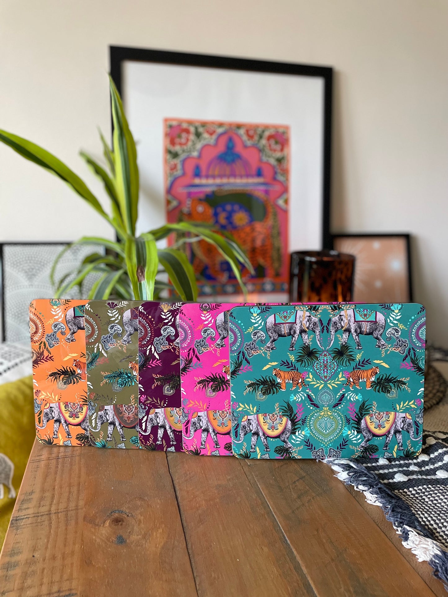 Indian Elephant Printed Placemats in Brinjal