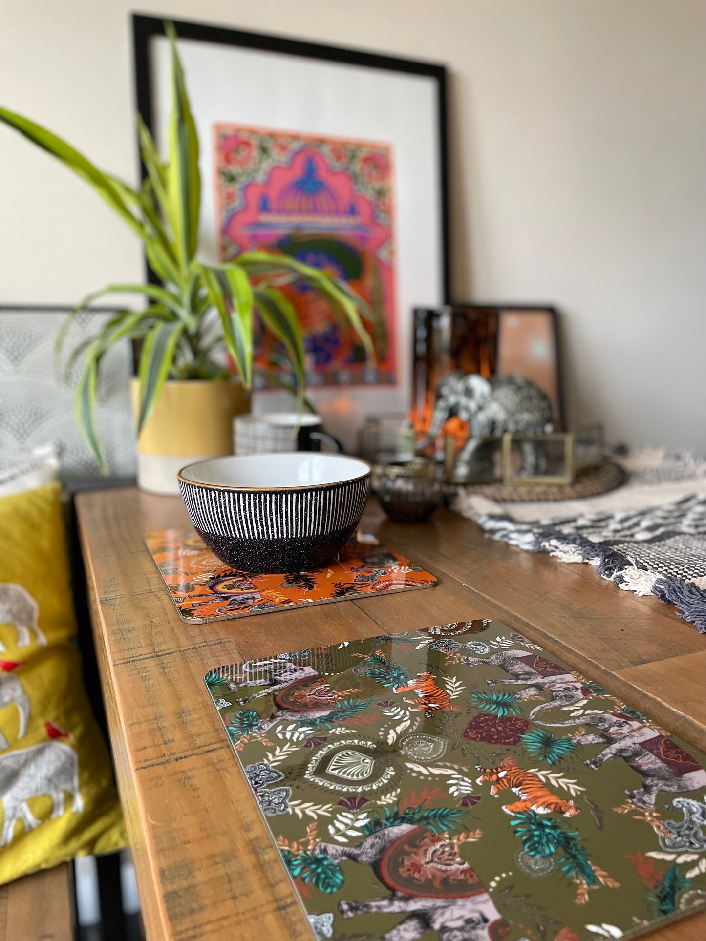 Indian Elephant Printed Placemats in Moss