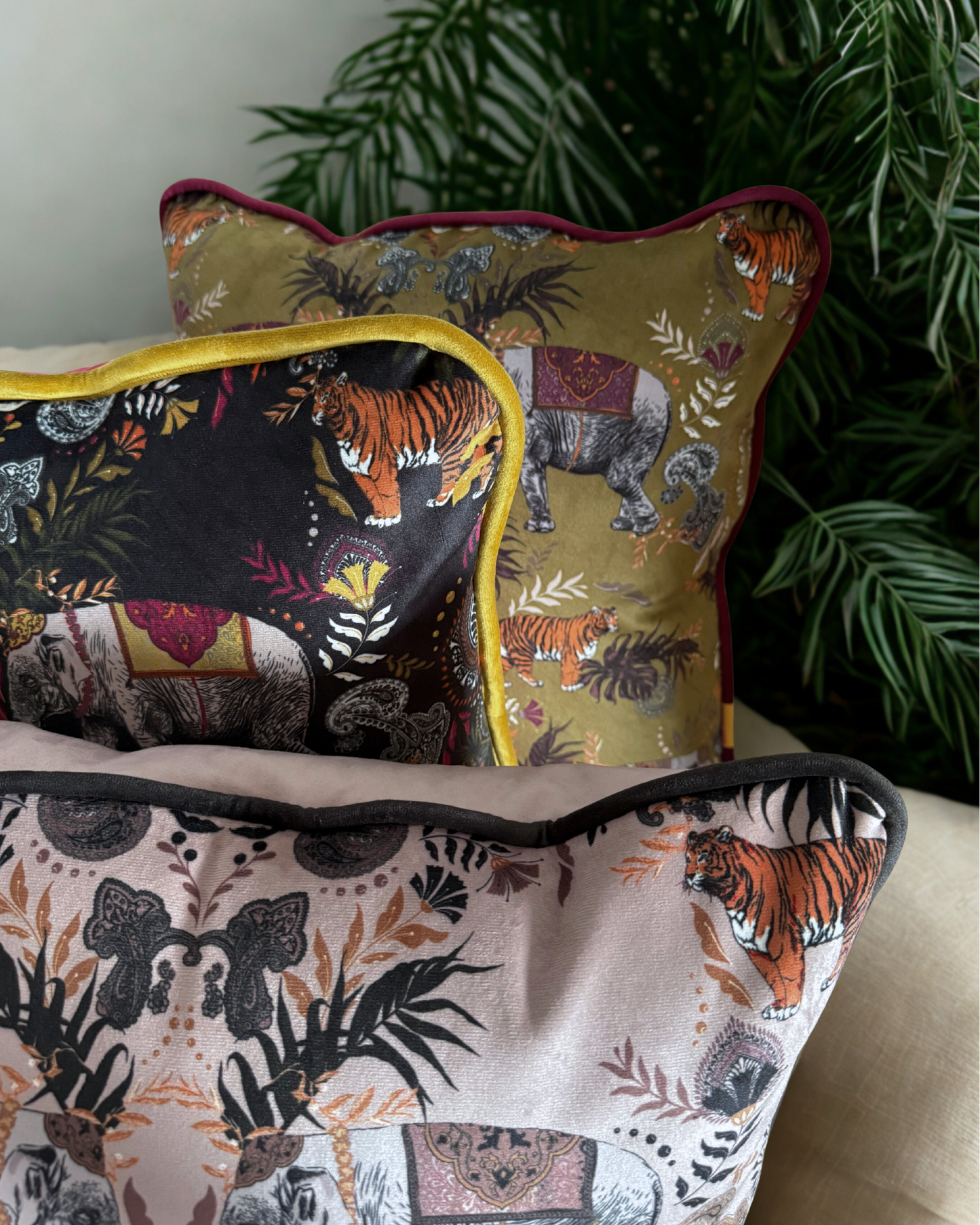 Indian Elephant Velvet Cushion Moss