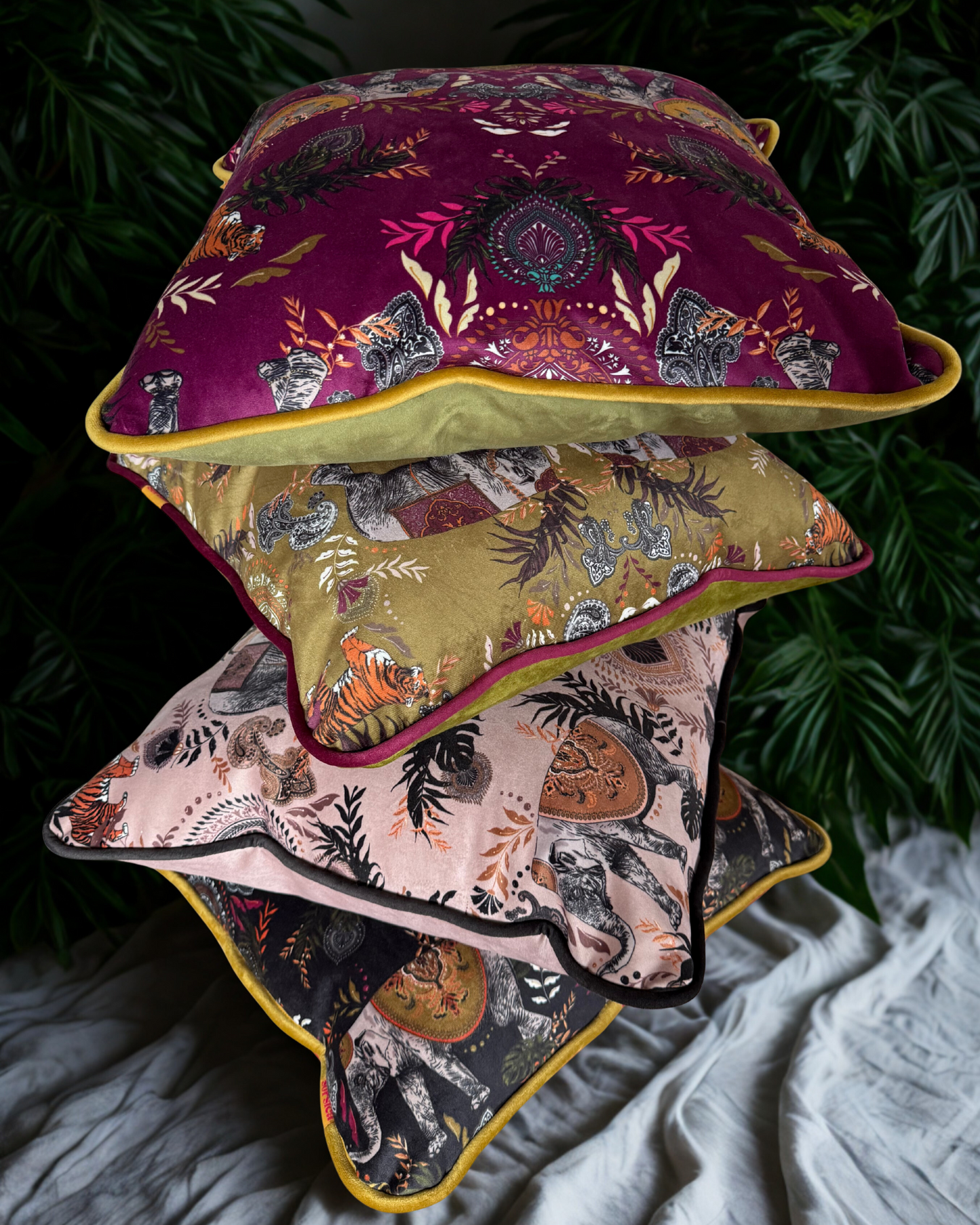 Indian Elephant Velvet Cushion Brinjal