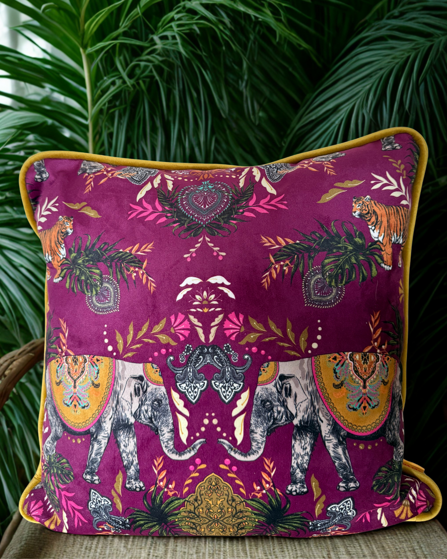 Indian Elephant Velvet Cushion Brinjal