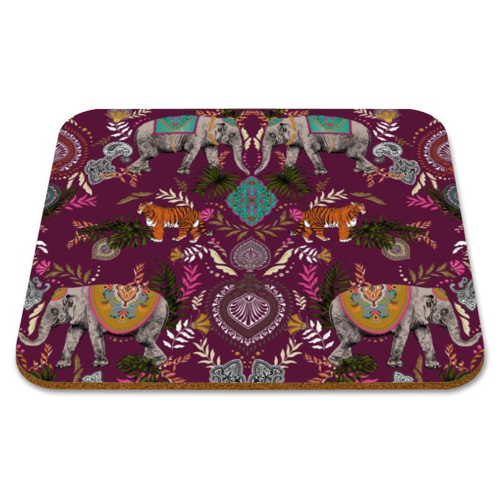Indian Elephant Printed Placemats in Brinjal