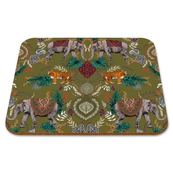 Indian Elephant Printed Placemats in Moss