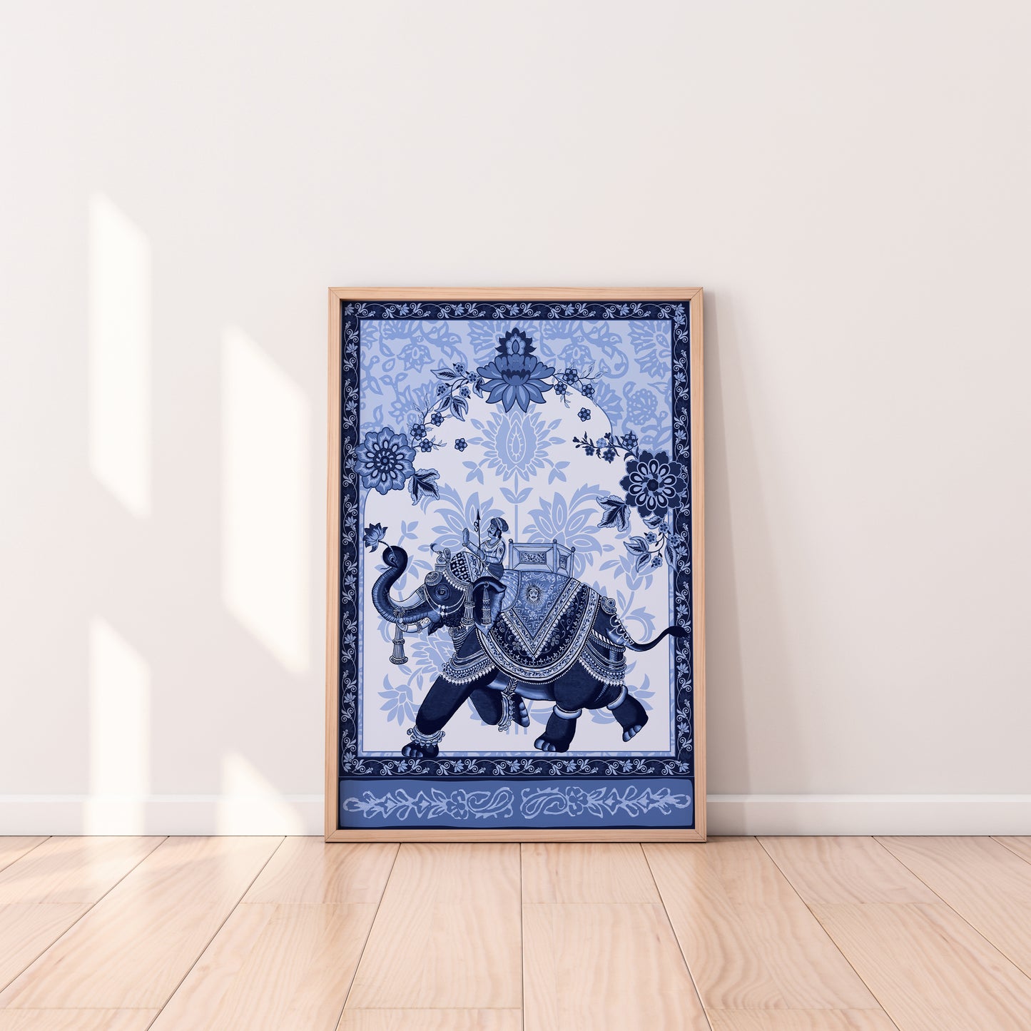 Marching Indian Elephant – Art Print | Traditional Block Print Style with Digital Layering
