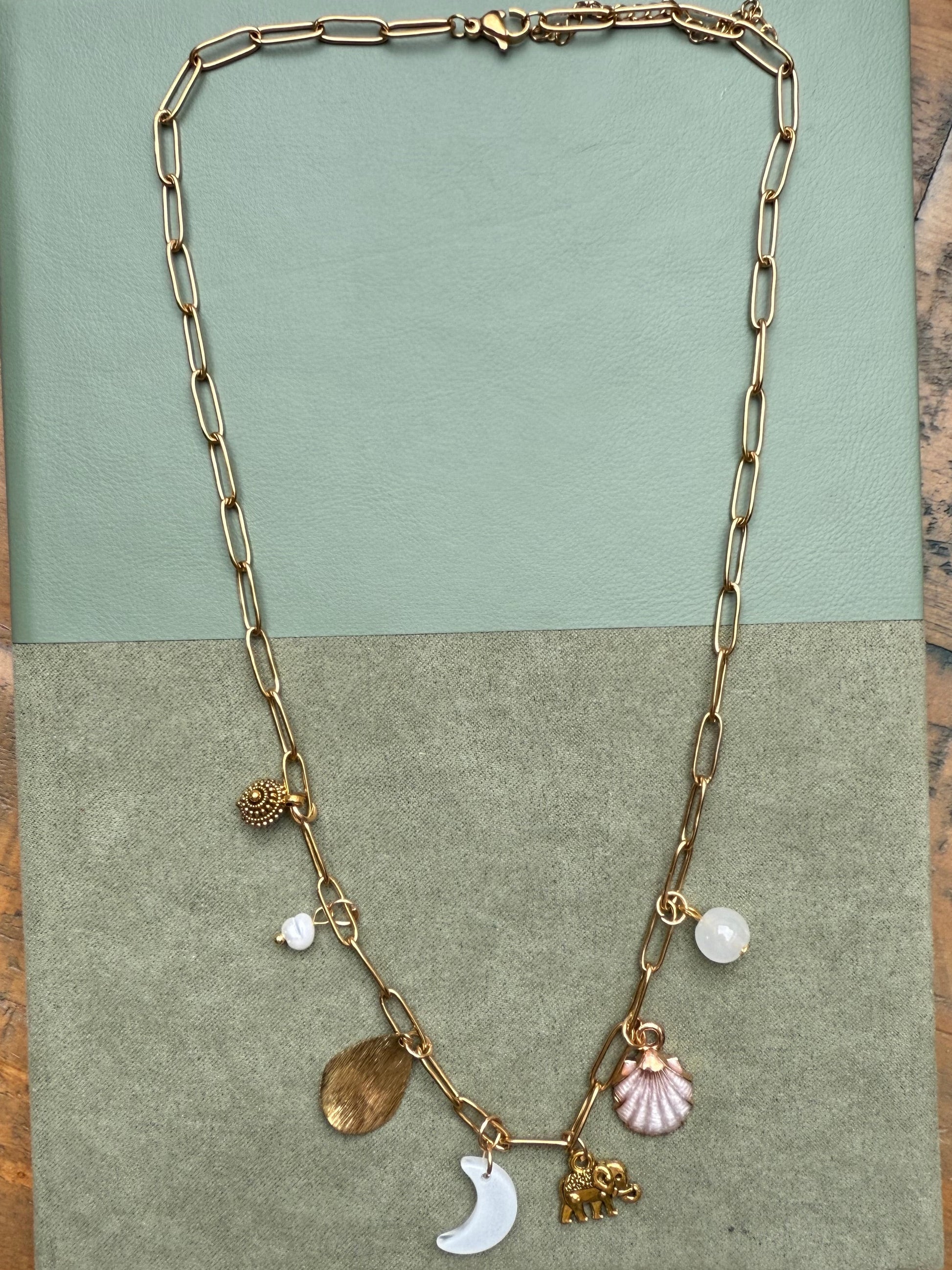 Gold chain necklace with charms on a green background