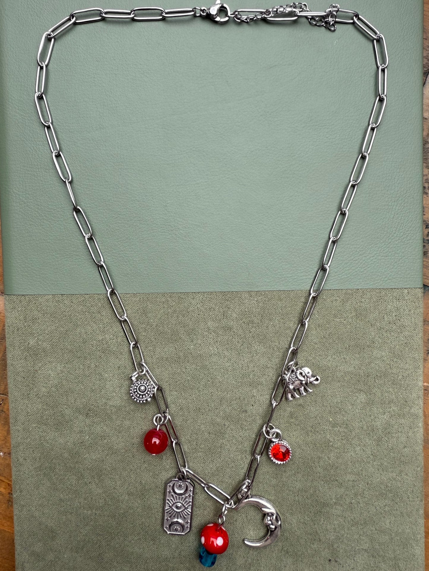 Silver Tone Charm Necklace Red