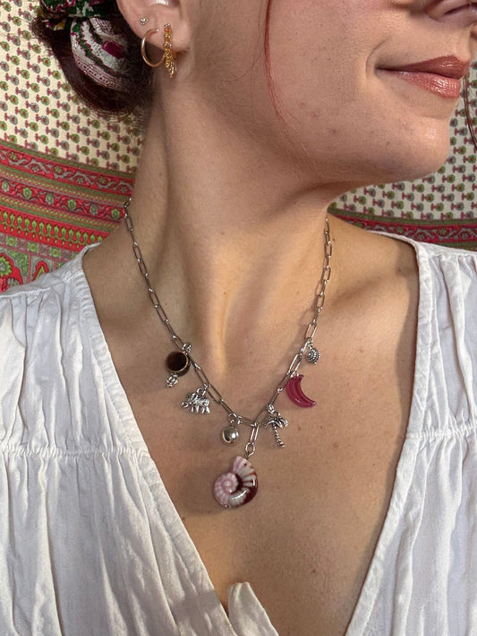 Silver Tone Charm Necklace Earthy Red