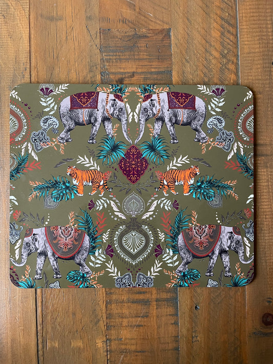 Indian Elephant Printed Placemats in Moss