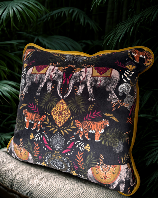 Indian Elephant Velvet Cushion Black