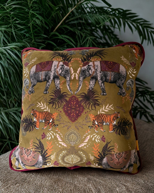 Indian Elephant Velvet Cushion Moss